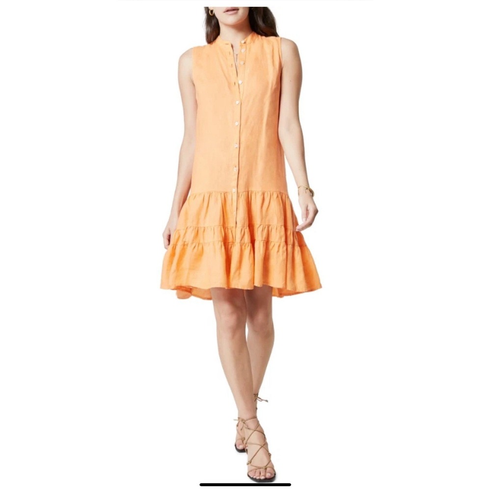 Joie Dress Women L Orange Linen Button Front Tiered Ruffle Mini Shift Resort